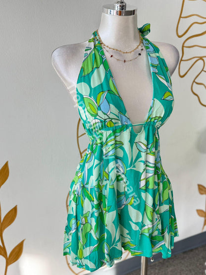 Tropical Green Breeze Halter Dress