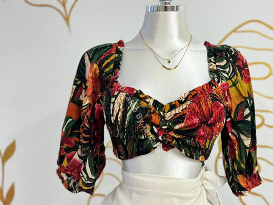 Tropical Print Ruched Crop Top Top